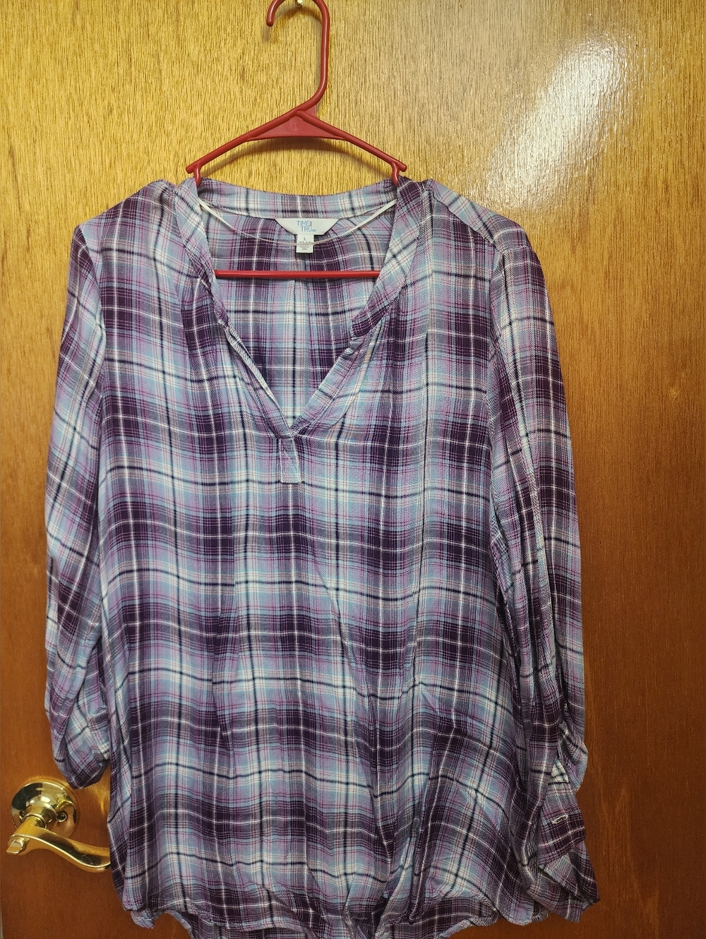 Time and Tru Purple Plaid Split-Neck Tunic Top . Only 1 Day Used..